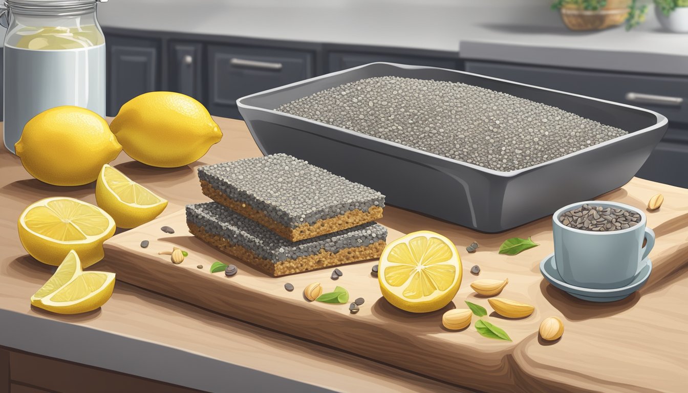 A kitchen counter with a cutting board holding freshly baked lemon poppy seed snack bars, surrounded by ingredients like lemons, poppy seeds, and nuts