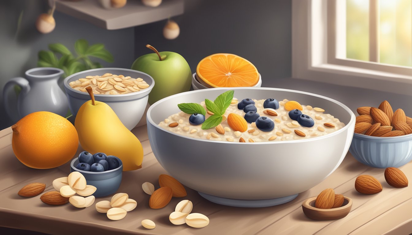 A cozy kitchen scene with a steaming bowl of almond oatmeal porridge surrounded by fresh fruits and nuts