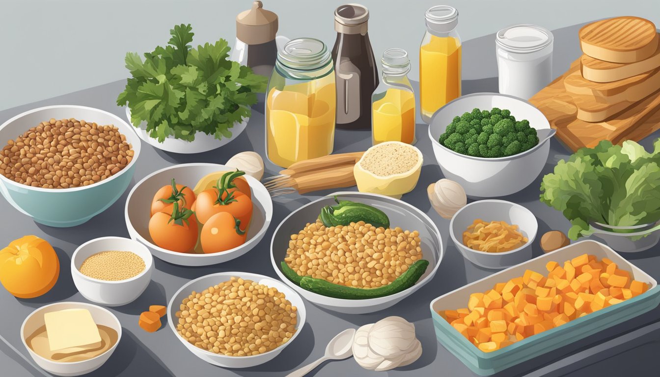 A kitchen counter with various leftover food items, such as vegetables, grains, and proteins, arranged to create a visually appealing breakfast spread