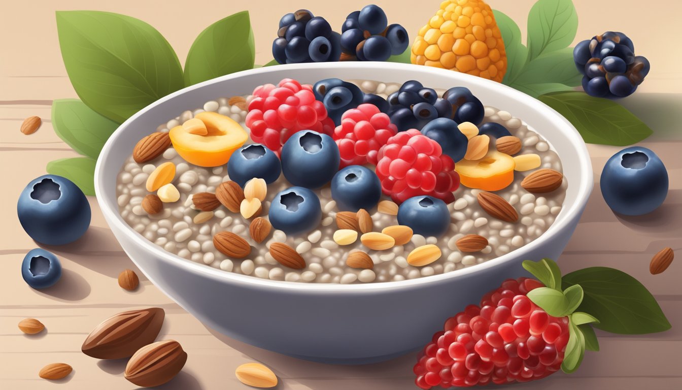 A rustic bowl filled with buckwheat porridge topped with a colorful assortment of fresh berries and nuts, set against a warm, inviting backdrop