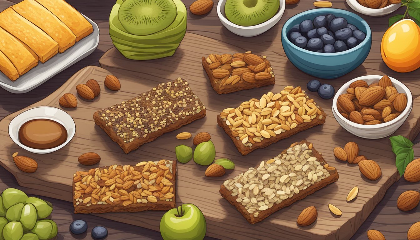 A colorful array of homemade breakfast bars, featuring a variety of nuts, seeds, and fruits, arranged on a wooden cutting board