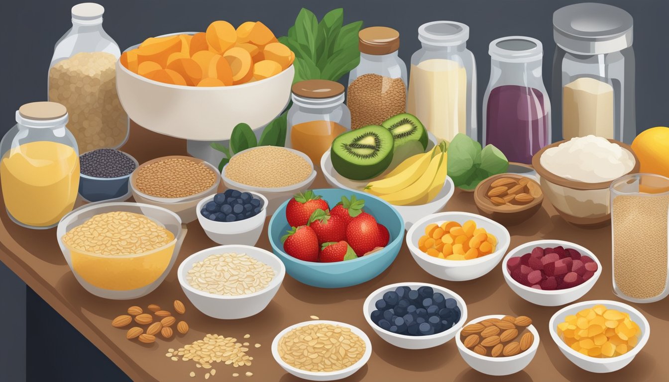 A colorful array of ingredients, including oats, fruits, nuts, and seeds, are arranged on a kitchen counter, ready to be used in creating diabetic-friendly porridge recipes