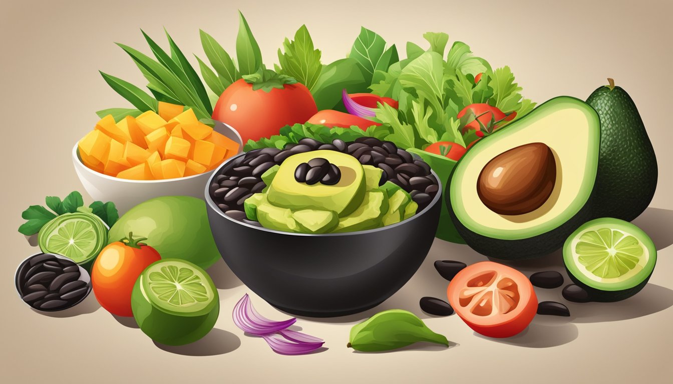 A bowl filled with avocado, black beans, and colorful vegetables, surrounded by fresh ingredients and a bright, inviting atmosphere