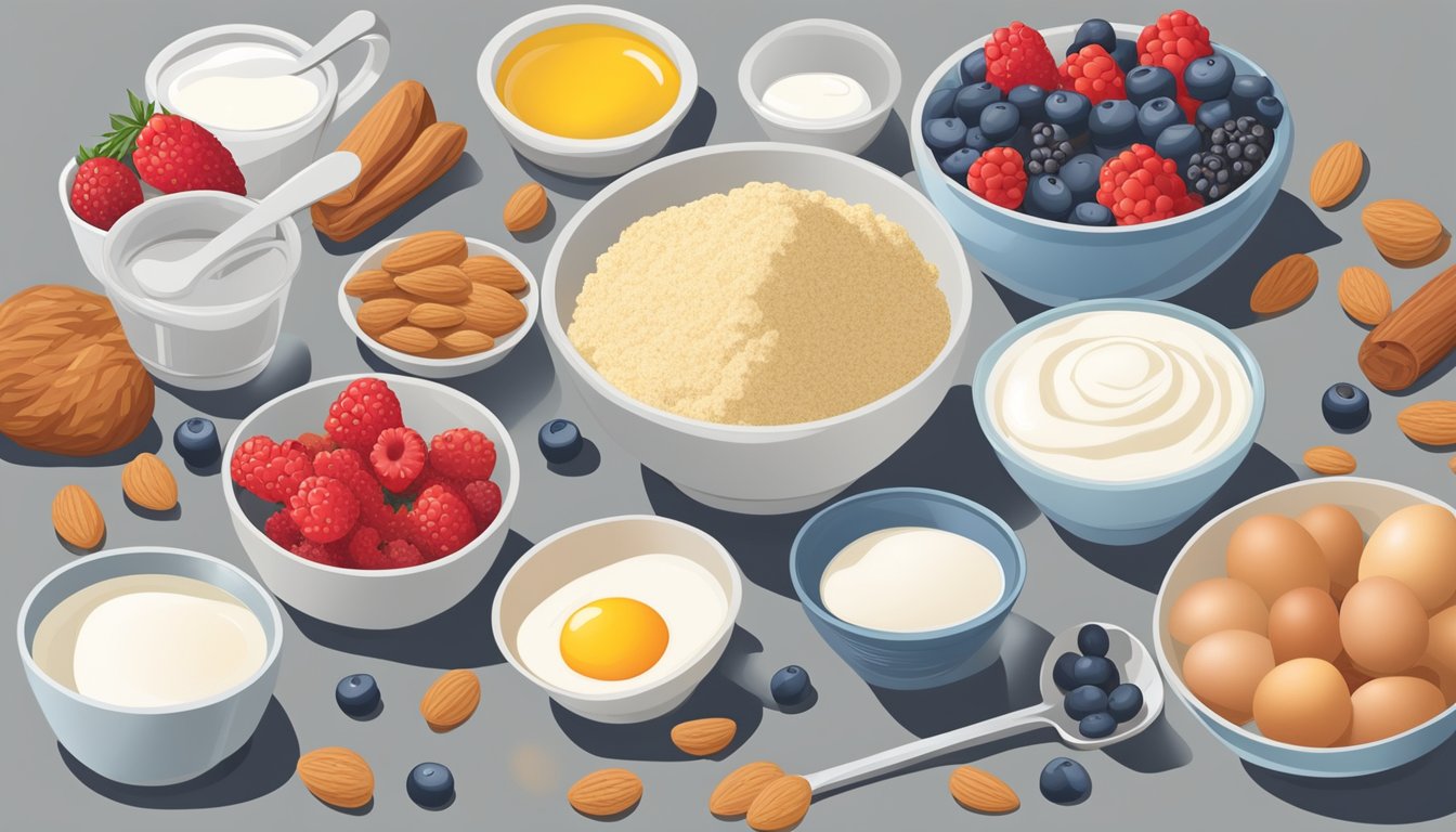 A bowl of almond flour sits next to a variety of breakfast ingredients, including eggs, berries, and yogurt. A measuring cup and mixing spoon are also present, ready for use