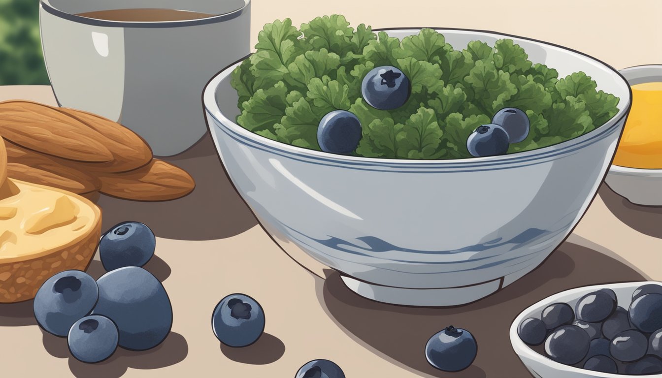 A bowl of kale, blueberries, and almonds arranged on a table with other breakfast items in the background