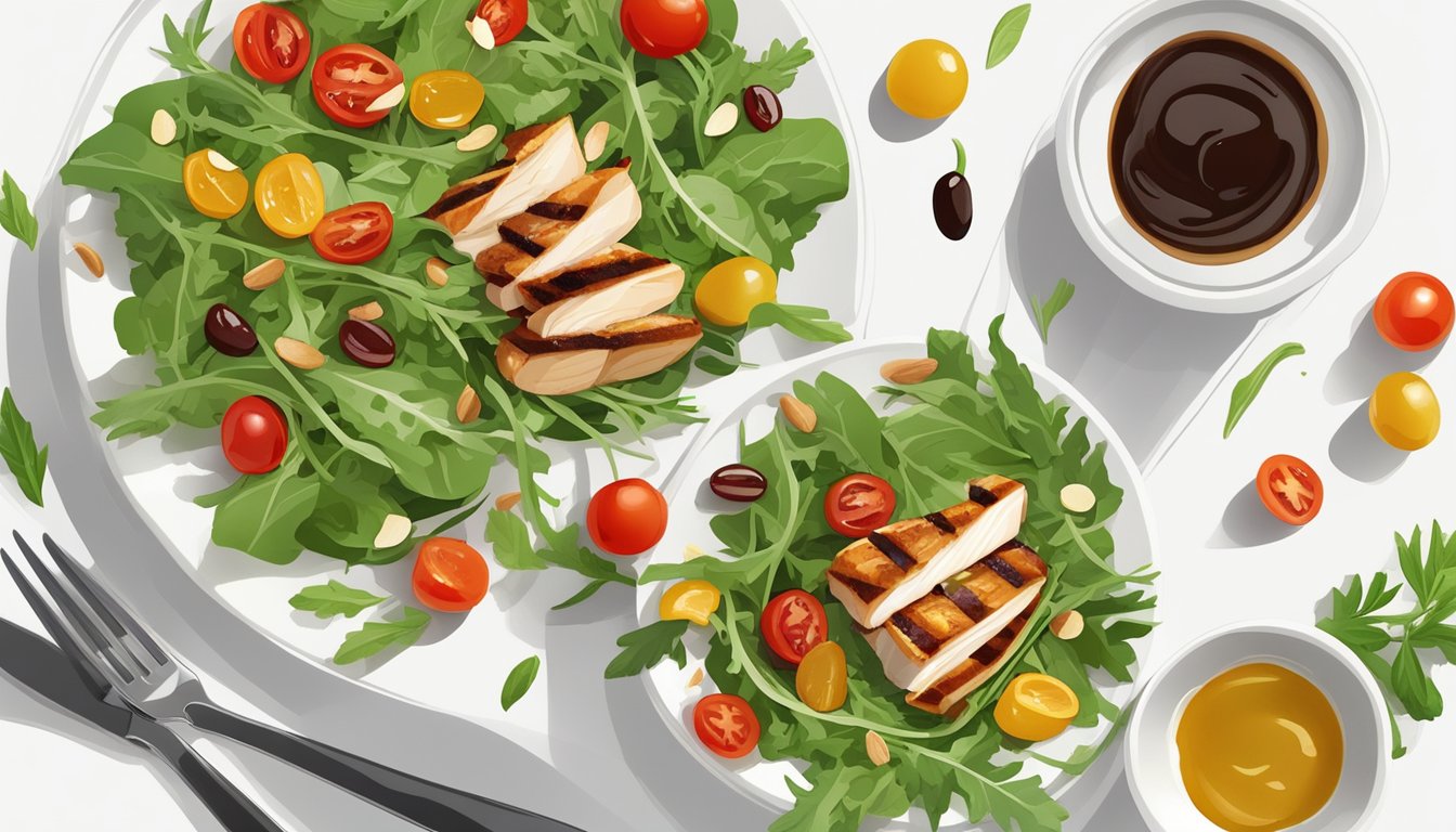 A colorful salad of fresh arugula, grilled chicken, cherry tomatoes, and sliced almonds, drizzled with balsamic vinaigrette, arranged on a white plate