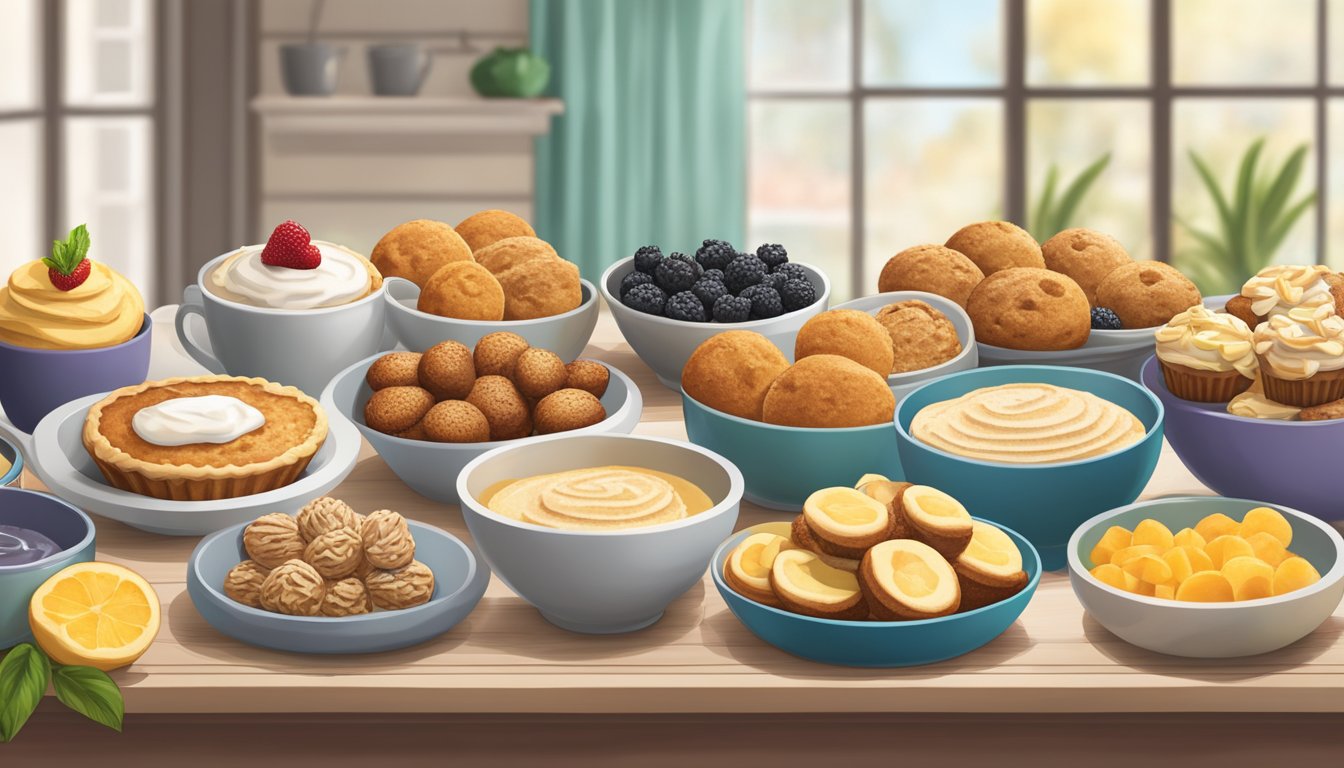 A table with a variety of low-carb almond flour muffins and breakfast items, including pancakes, waffles, and smoothie bowls, arranged in an appealing and appetizing display