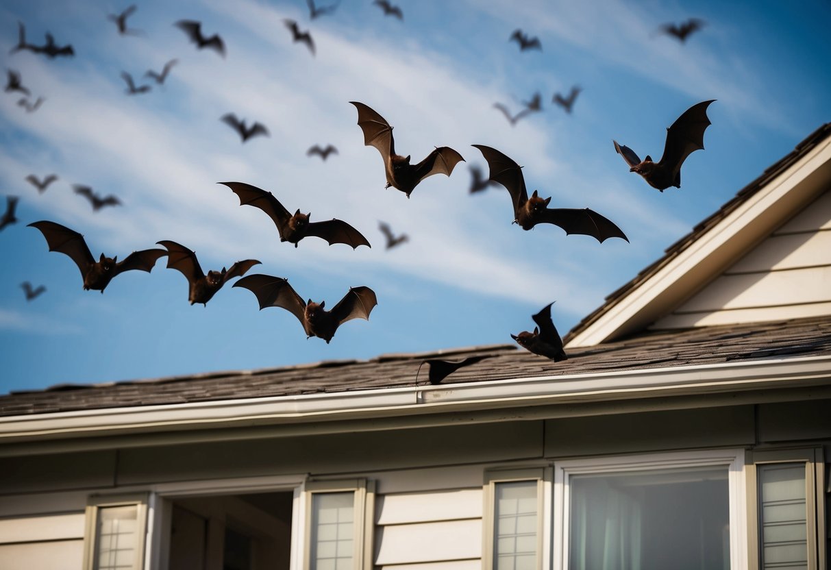 Bats flying towards a house with open windows and cracks in the roof