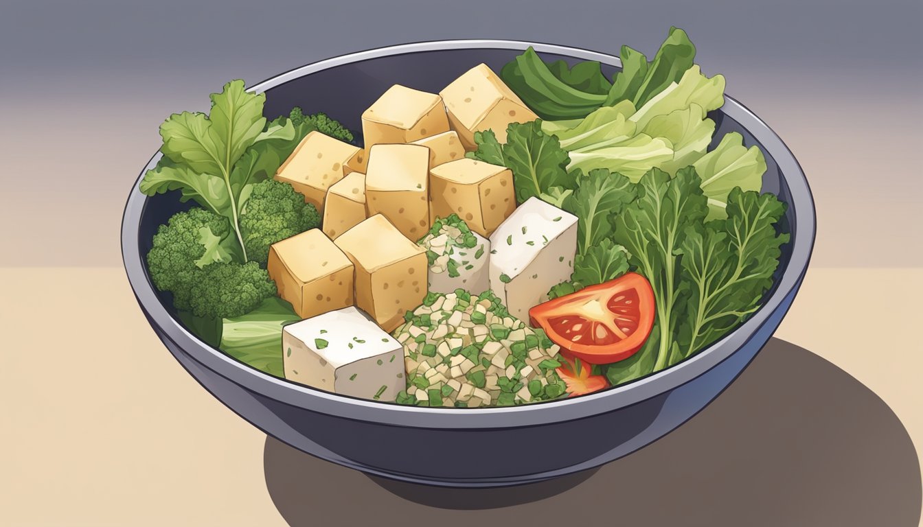 A colorful bowl filled with tofu, mixed greens, and various fresh ingredients, arranged in an appealing and appetizing manner