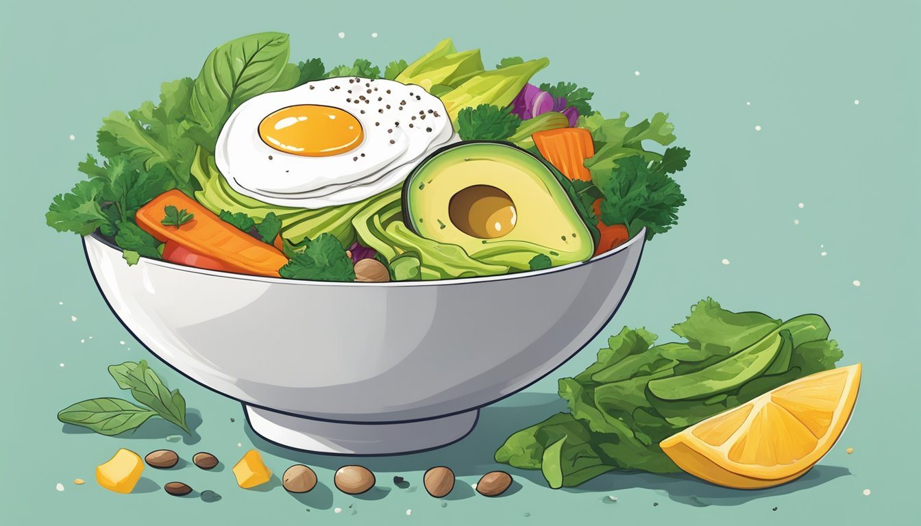 A bowl of mixed greens topped with sliced avocado and a poached egg, surrounded by colorful vegetables and a sprinkle of seeds