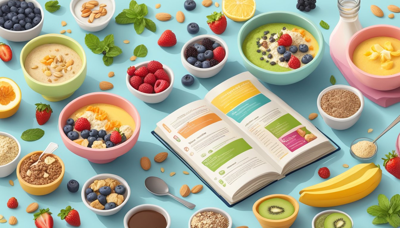 A colorful array of smoothie bowls with various toppings, surrounded by ingredients and a recipe book open to a page about using almond flour in diabetic breakfasts