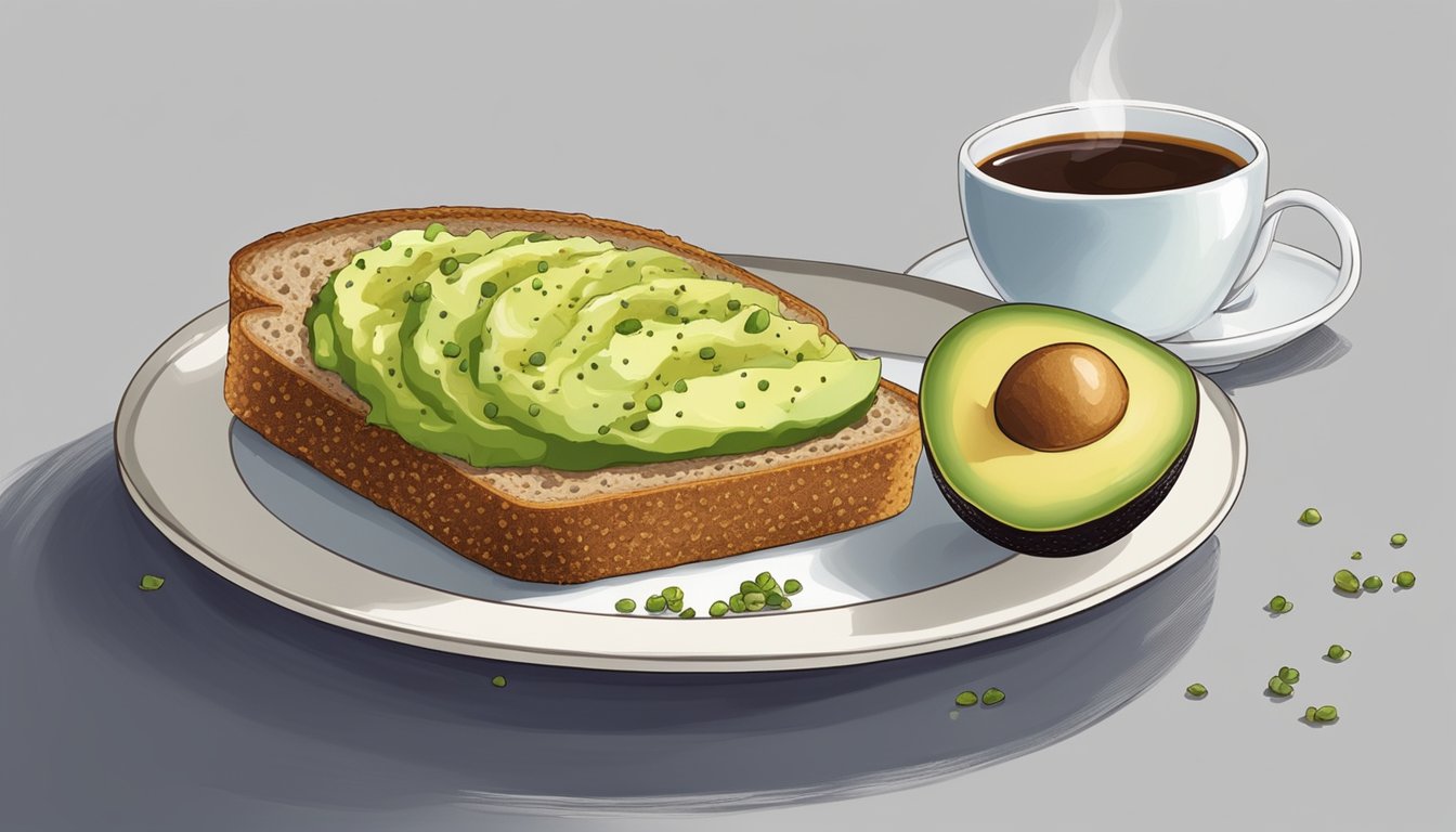 A slice of whole grain bread topped with mashed avocado and sprinkled with seasoning, placed on a plate next to a cup of tea