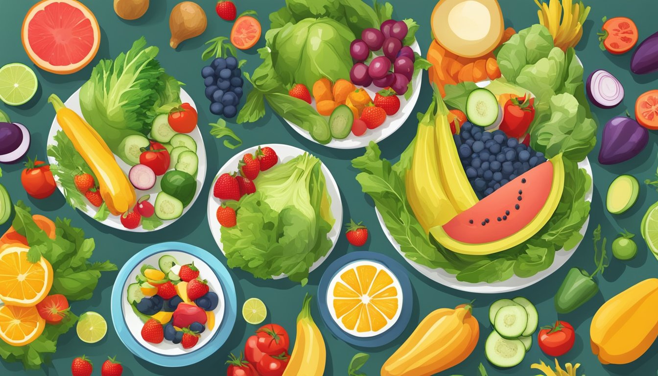 A vibrant array of fresh vegetables and fruits arranged on a breakfast table, showcasing the colorful and nutritious ingredients for diabetic-friendly salad recipes