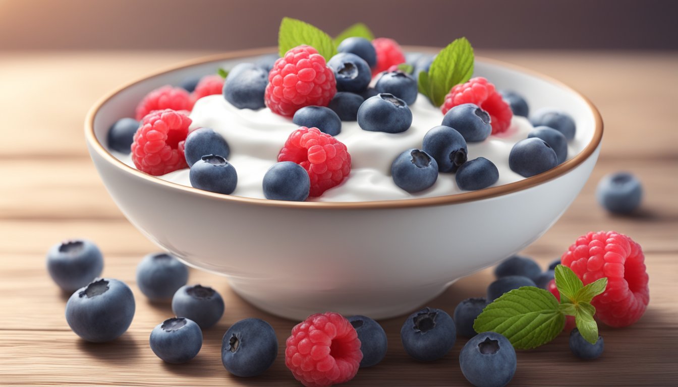 A bowl of Greek yogurt topped with fresh berries sits on a wooden table, surrounded by a scattering of blueberries and raspberries