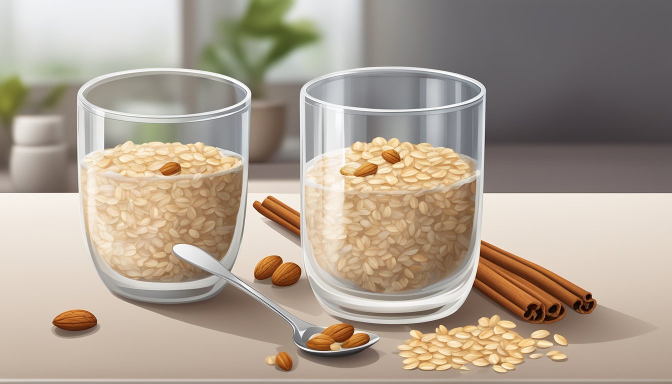 A bowl of oatmeal topped with nuts and a sprinkle of cinnamon sits on a table, surrounded by a glass of water and a spoon