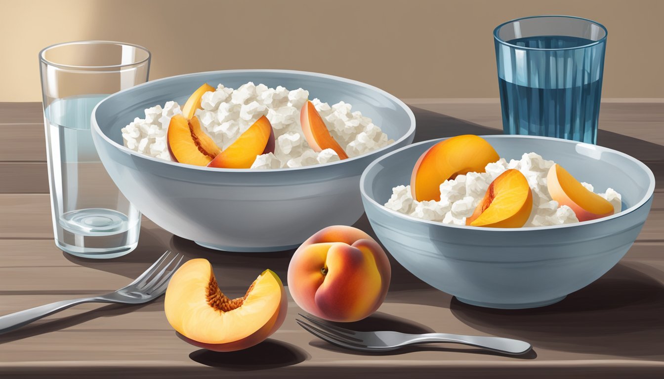 A bowl of cottage cheese topped with sliced peaches sits on a table next to a glass of water and a plate with a fork