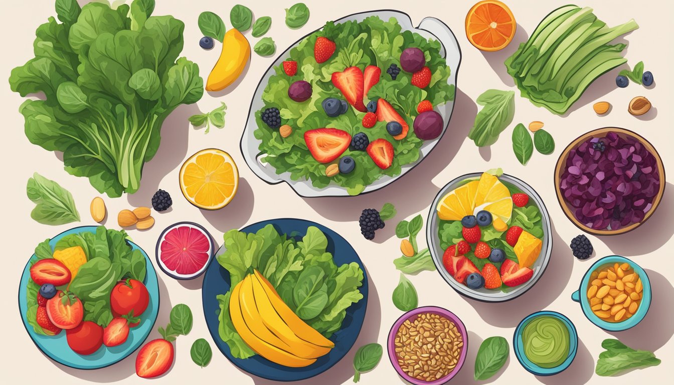 A bright kitchen table with a variety of colorful salad ingredients, including fresh fruits, vegetables, nuts, and seeds. A bowl of mixed greens sits in the center, surrounded by vibrant toppings