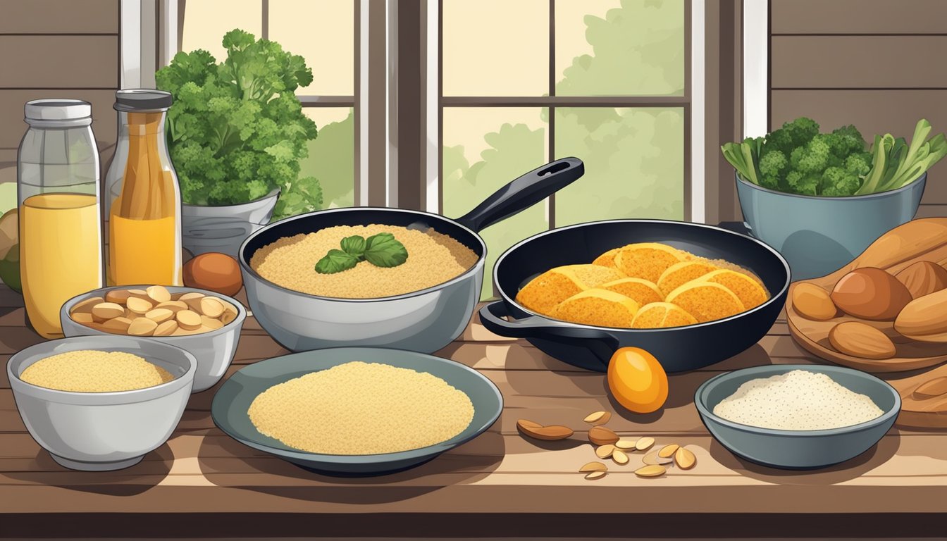 A table set with various breakfast ingredients, including bowls of almond flour, eggs, and vegetables, with a skillet on the stove