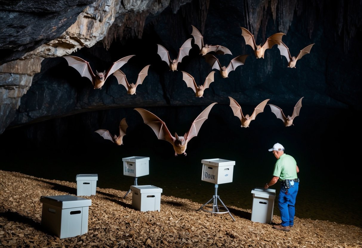A group of bats flying out of a dark cave, while a person sets up bat boxes nearby