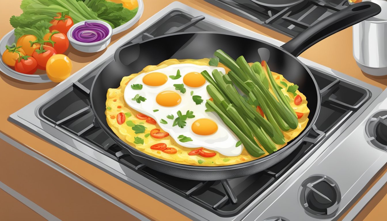 An egg white omelette filled with colorful vegetables sizzling in a non-stick pan on a stove