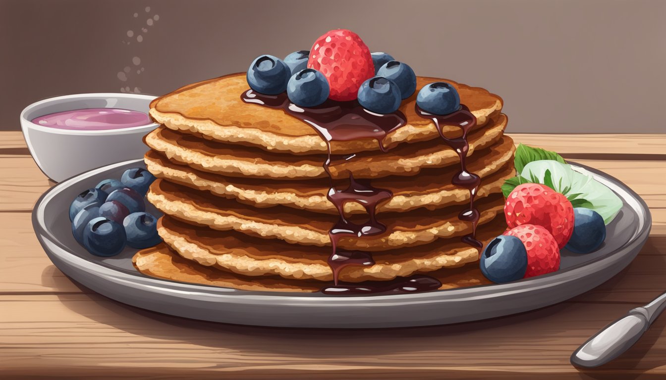 A stack of flaxseed meal griddle cakes with fresh berries and a drizzle of sugar-free syrup on a rustic wooden plate