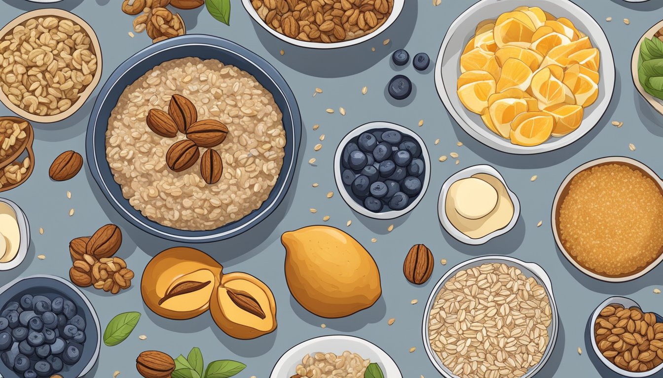 A bowl of steel-cut oats topped with walnuts, surrounded by various cold breakfast options