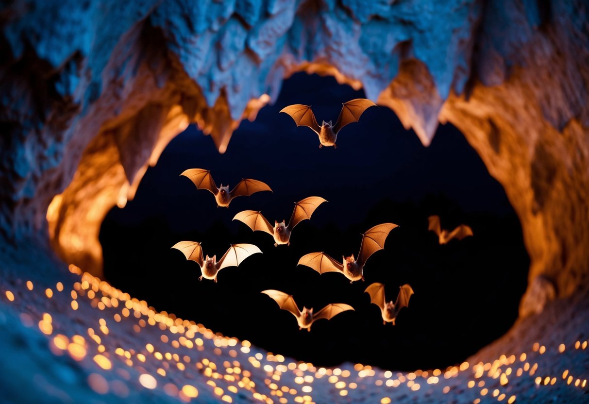 A group of bats flying out of a dark cave at dusk