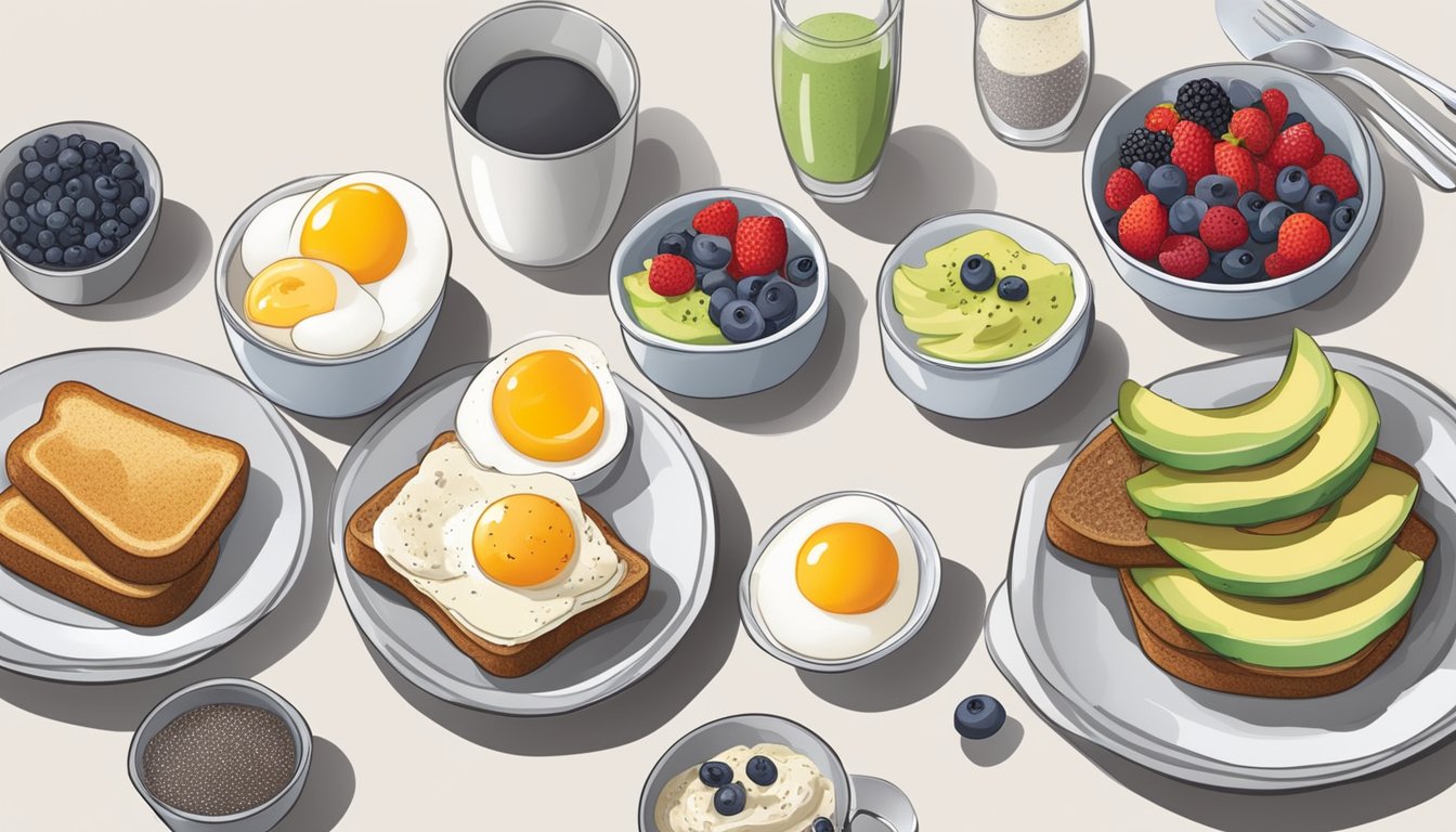 A table set with a variety of cold breakfast options: yogurt with berries, chia seed pudding, sliced fruit, hard-boiled eggs, and whole grain toast with avocado