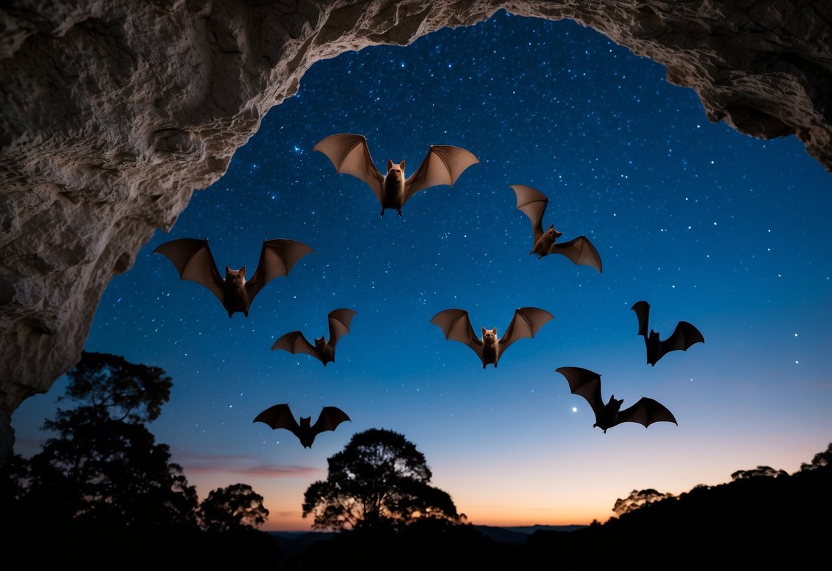 Bats flying out of a dark cave at dusk, surrounded by trees and a starry sky