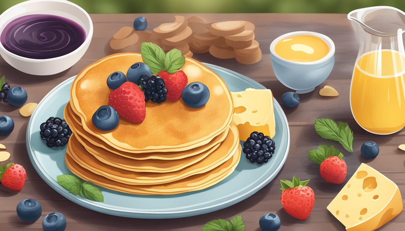 A plate of cheese and egg pancakes surrounded by low-carb ingredients like almond flour, berries, and sugar-free syrup