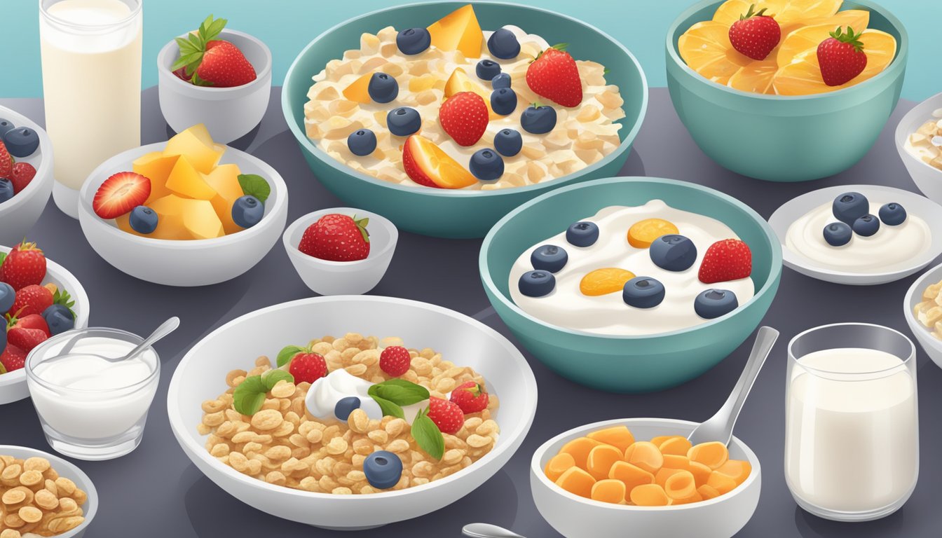 A table set with a variety of diabetic-friendly breakfast options, including yogurt parfaits, fruit salads, and whole grain cereals with low-fat milk