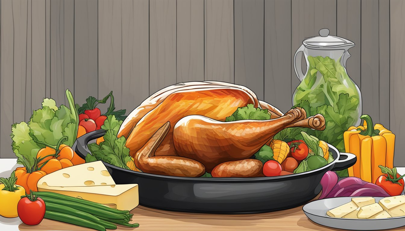 A colorful array of fresh turkey, cheese, and vegetables arranged on a cutting board, with a skillet sizzling in the background