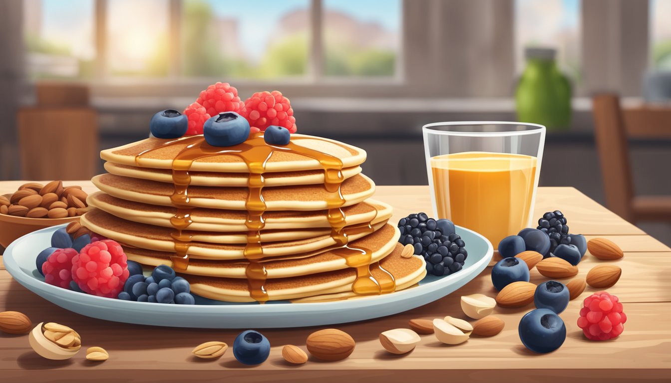 A stack of soy flour pancakes surrounded by low-carb ingredients like berries, nuts, and sugar-free syrup on a wooden table