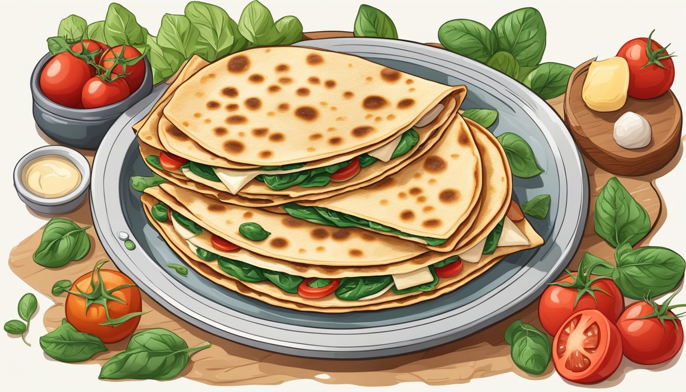 A sizzling quesadilla filled with mushrooms and Swiss cheese, surrounded by fresh ingredients like tomatoes and spinach