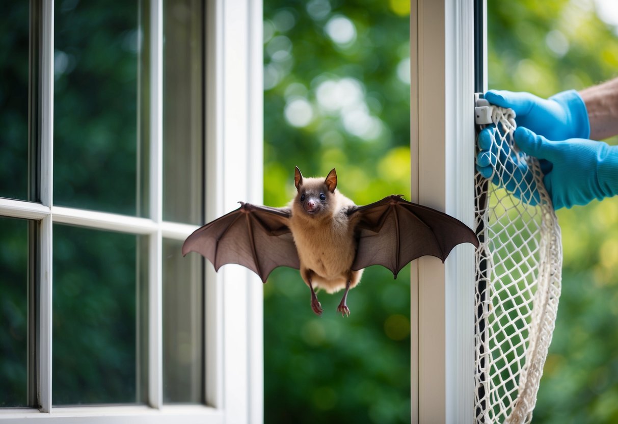 A bat flying out of an open window, with a net and gloves nearby for safe capture and release