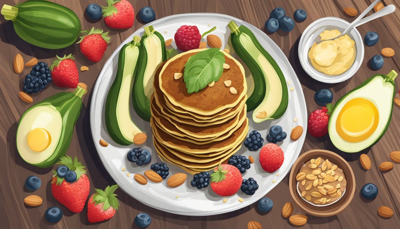 A stack of zucchini walnut pancakes surrounded by low-carb ingredients like almond flour, eggs, and berries on a wooden table