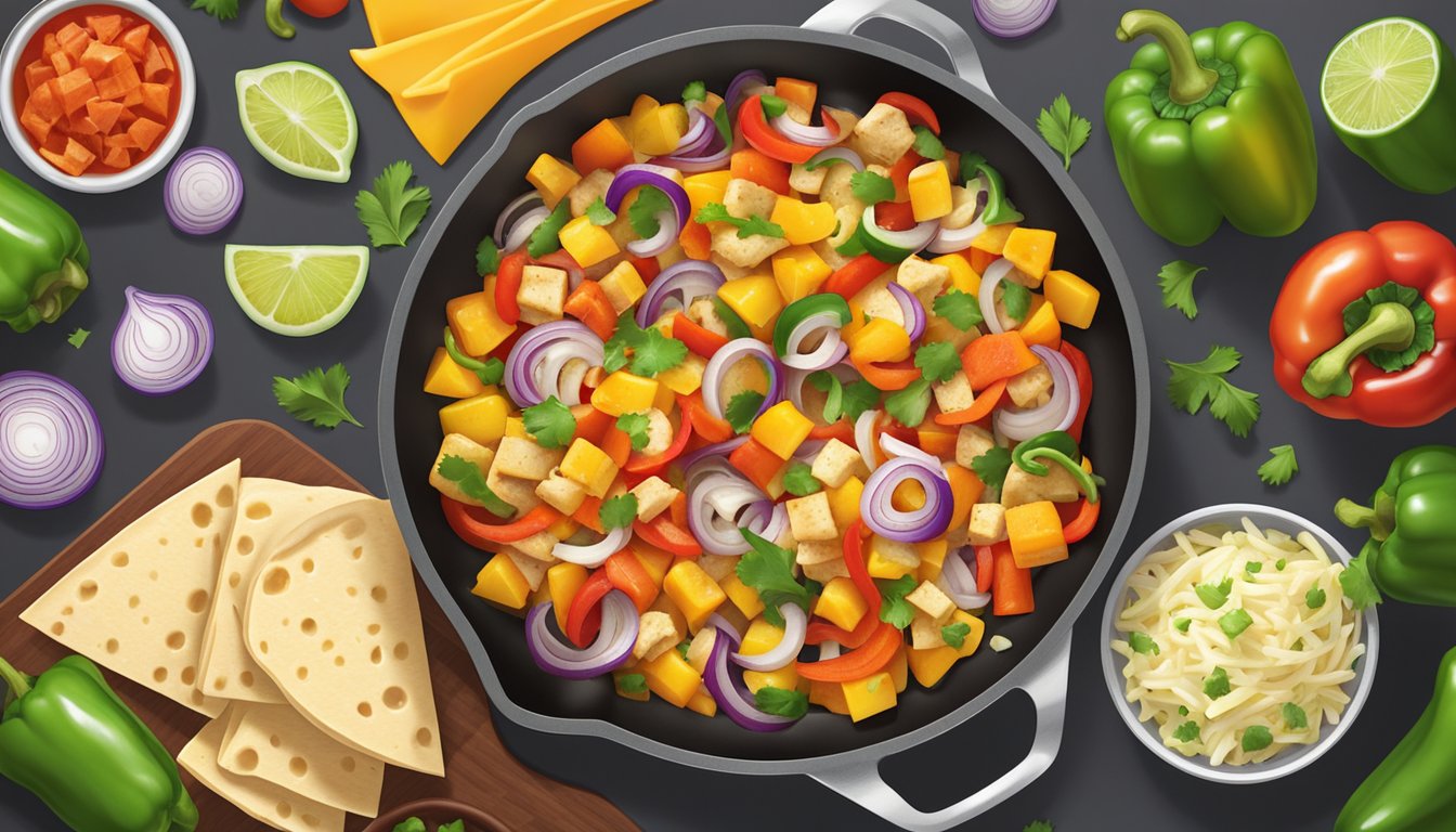 A colorful array of diced bell peppers, onions, and grilled chicken sizzling in a pan, surrounded by tortillas and cheese