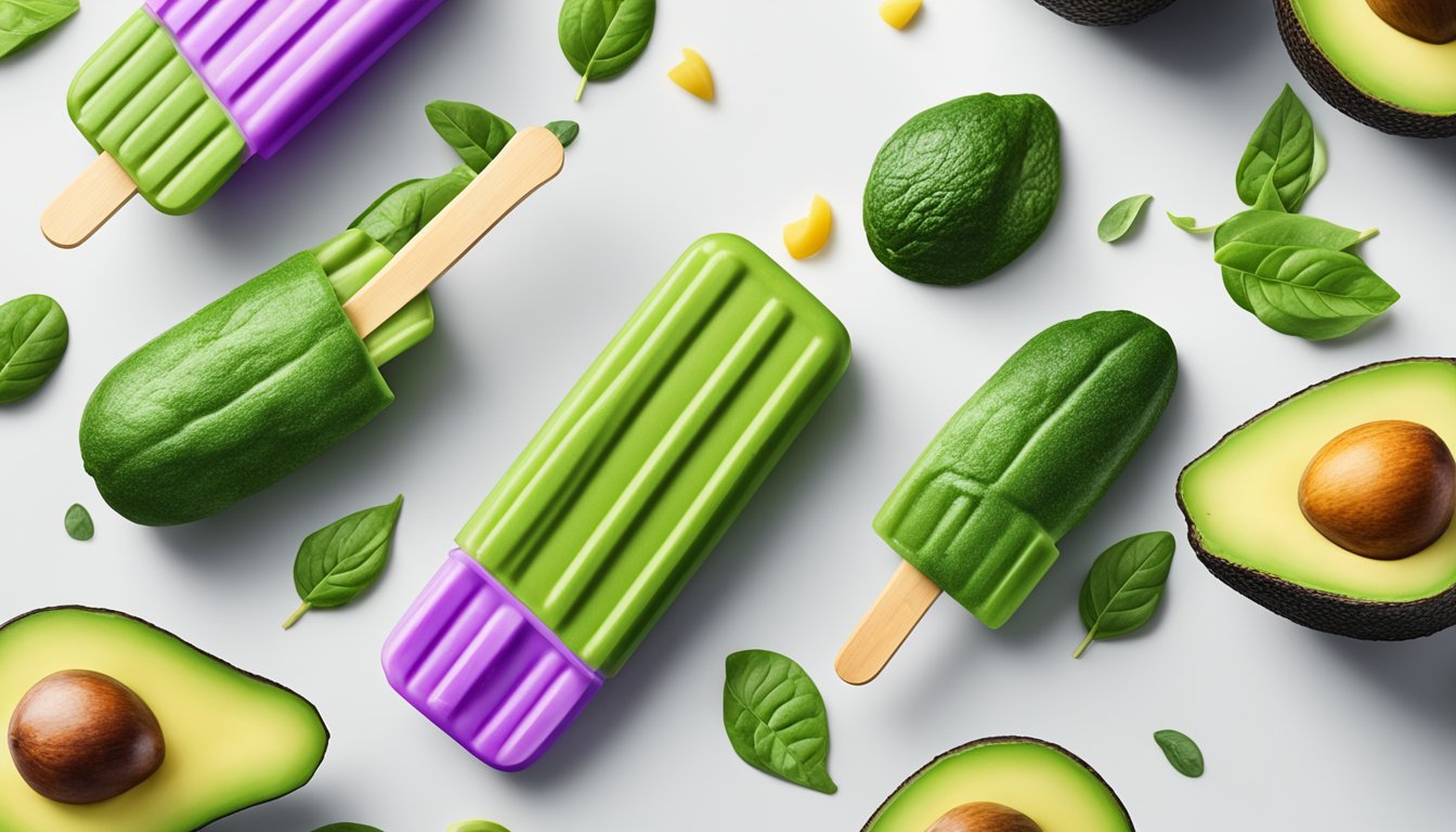 A colorful array of avocado and spinach popsicles arranged on a clean, white surface with fresh ingredients scattered around