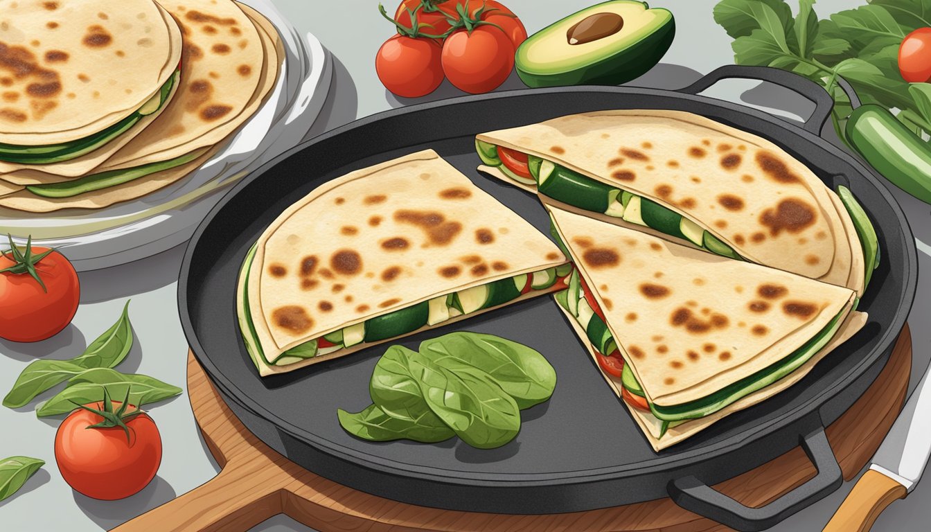 A zucchini and mozzarella quesadilla sizzling on a griddle, surrounded by fresh ingredients like tomatoes, spinach, and avocados