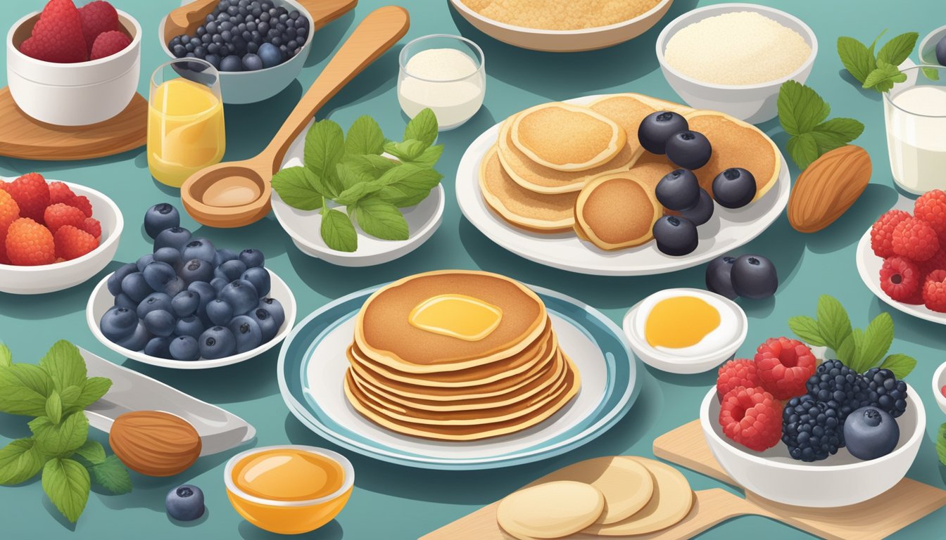 A table with a variety of low-carb pancake ingredients such as almond flour, coconut flour, and fresh berries, alongside diabetic-friendly sweeteners like stevia and erythritol