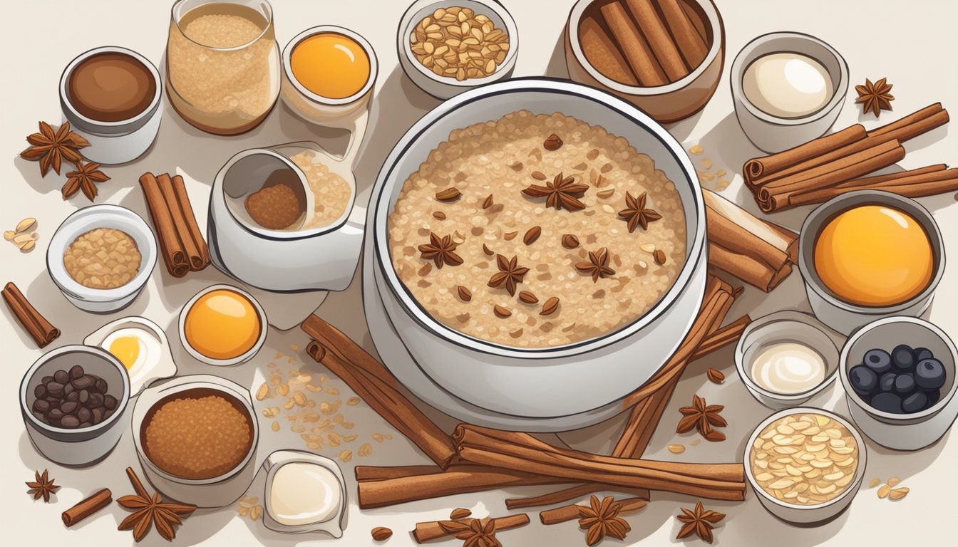 A bowl of cinnamon oatmeal surrounded by various breakfast ingredients and utensils, with 15 different ways to incorporate cinnamon displayed around it