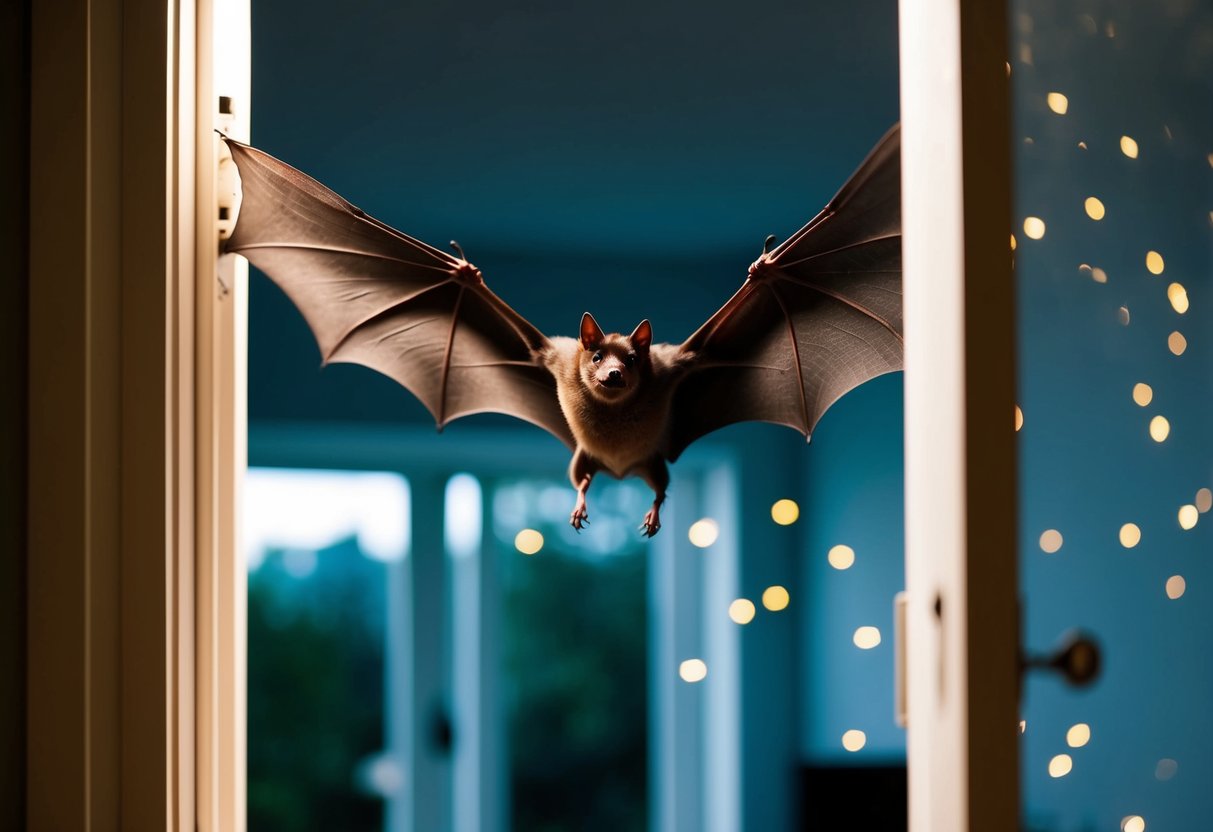 A bat flies through an open window into a dimly lit bedroom