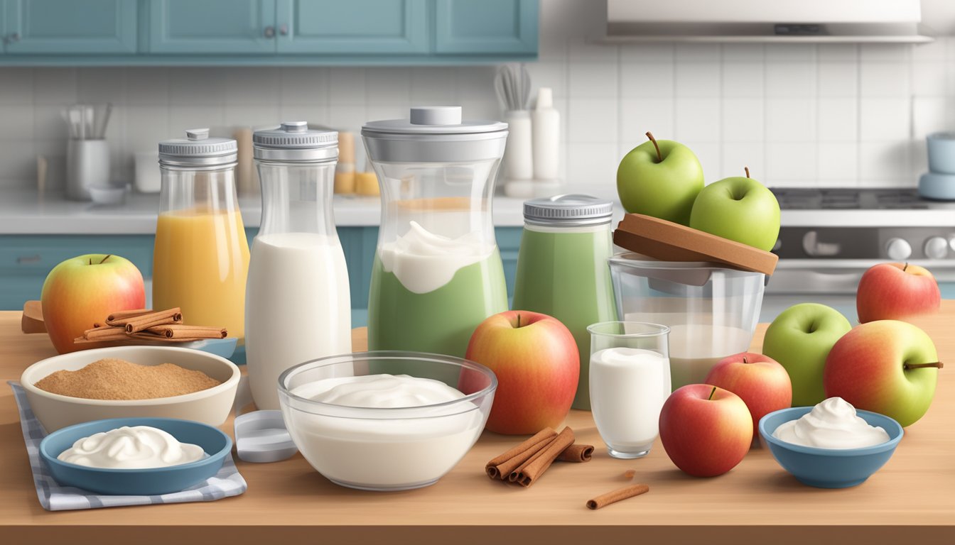 A kitchen counter with a variety of ingredients such as apples, cinnamon, yogurt, and popsicle molds laid out for making diabetic-friendly breakfast popsicles