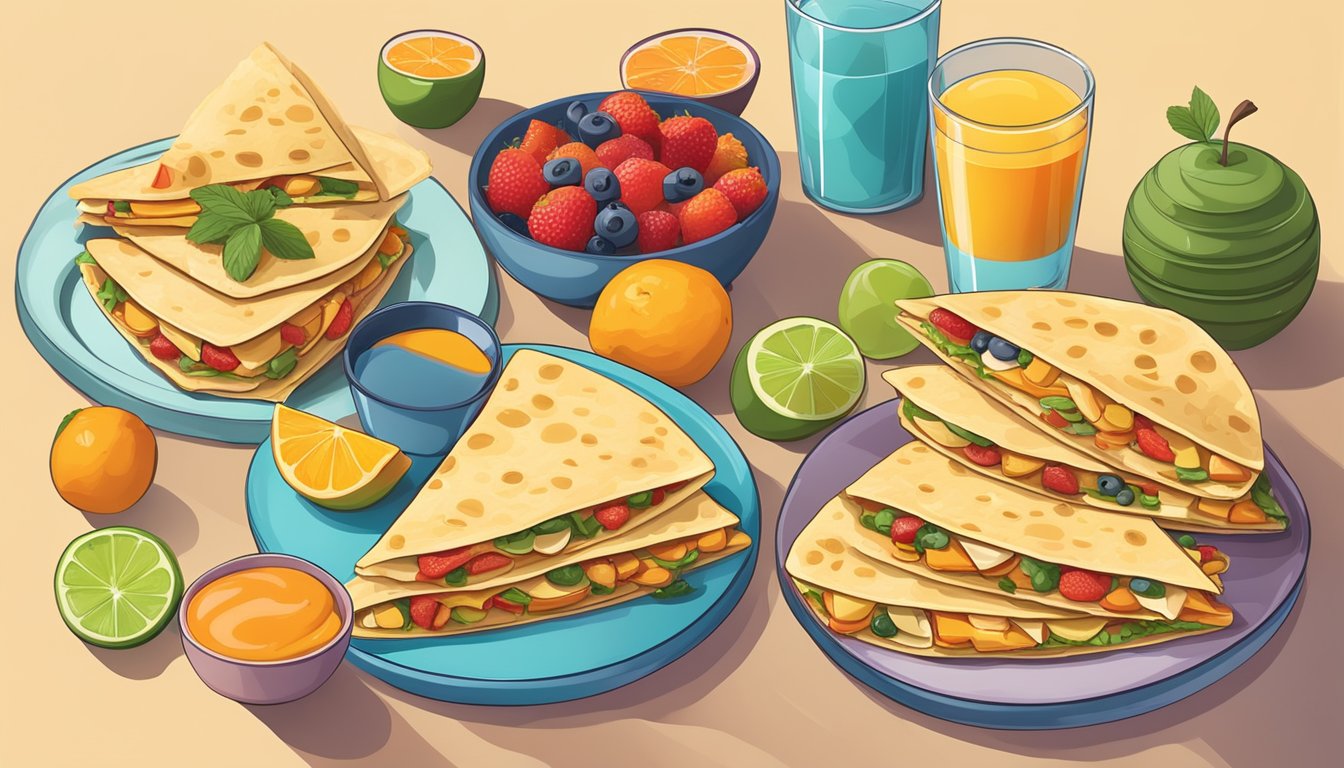 A colorful spread of breakfast quesadillas with various diabetic-friendly fillings, arranged on a table with fresh fruits and a glass of orange juice