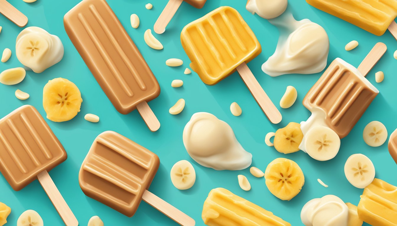 A colorful array of frozen breakfast popsicles featuring peanut butter and banana, set against a bright, clean background