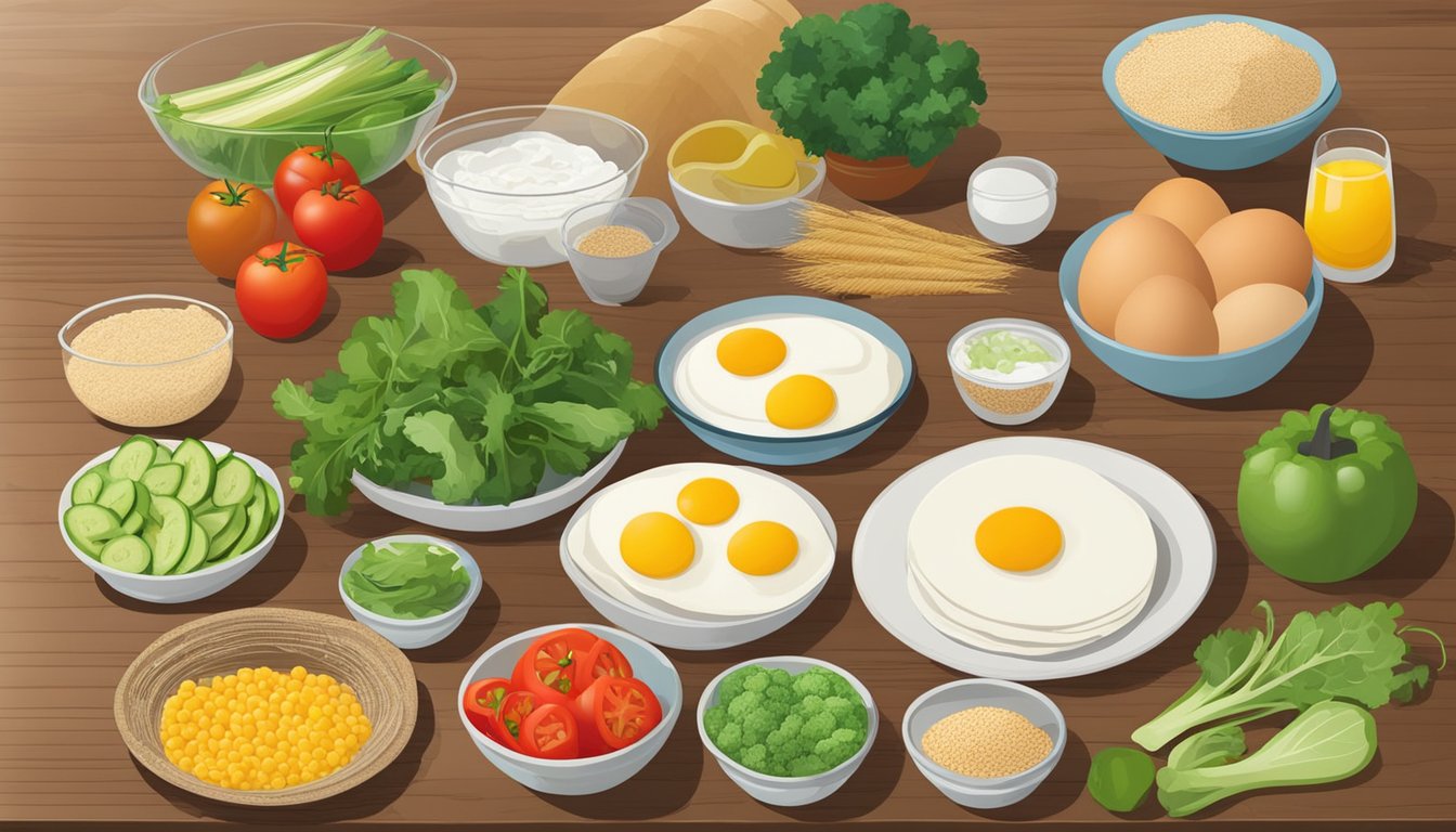 A colorful array of fresh ingredients, including eggs, vegetables, and whole wheat tortillas, arranged on a kitchen counter