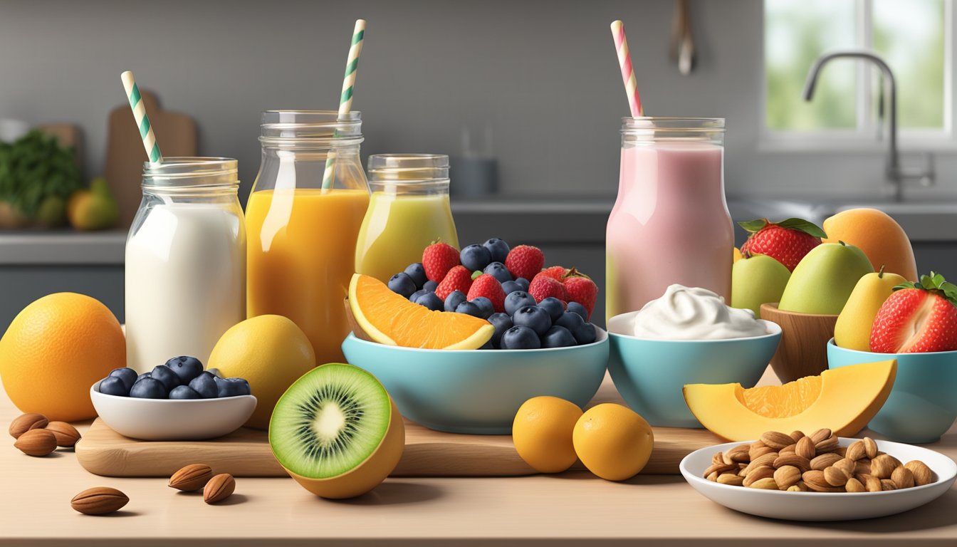 A colorful array of fresh fruits, nuts, and low-sugar yogurt arranged on a clean kitchen counter, with a set of popsicle molds and wooden sticks nearby