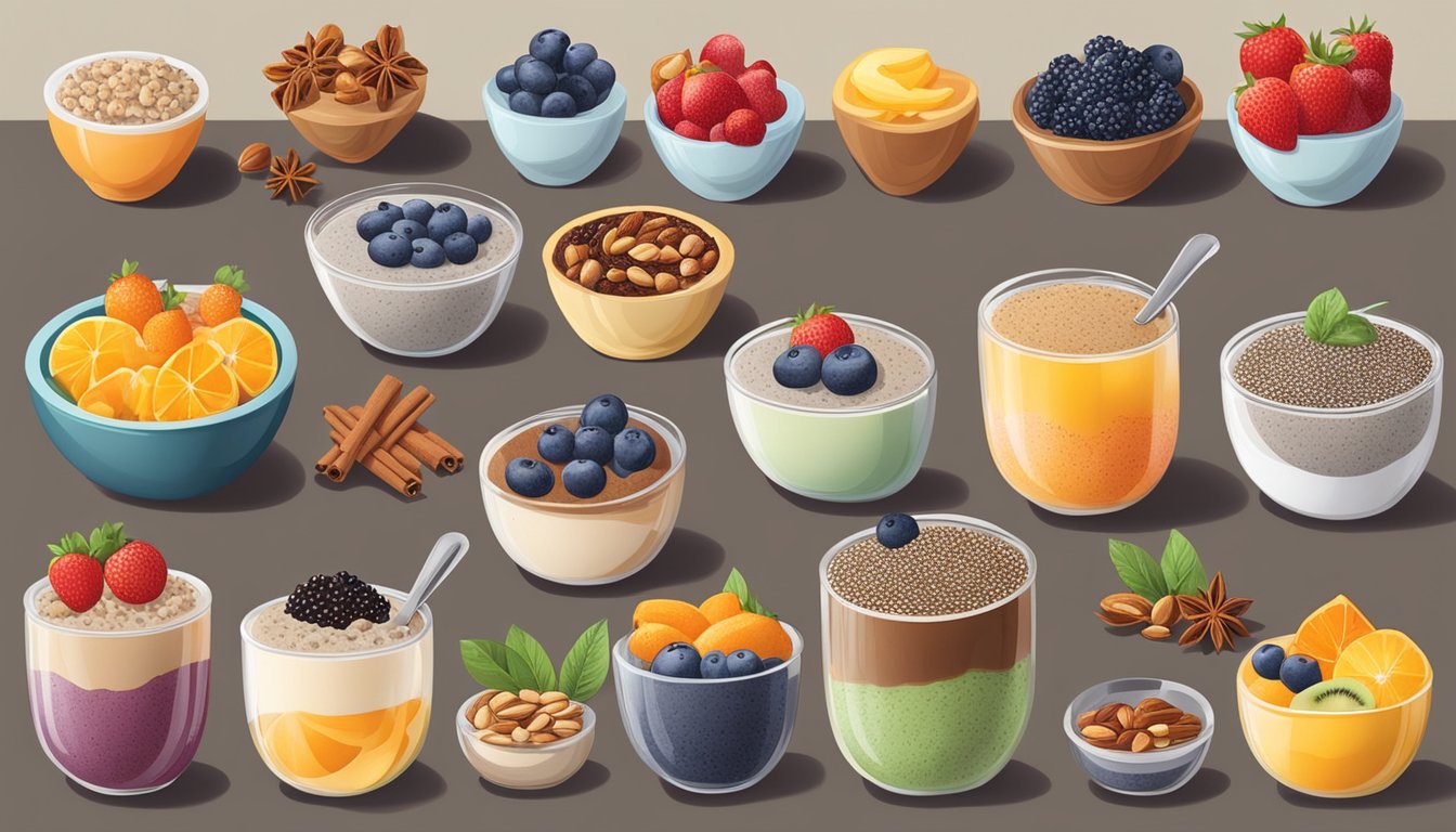 A table with 15 bowls of cinnamon chia seed pudding, each topped with different fruits, nuts, and spices