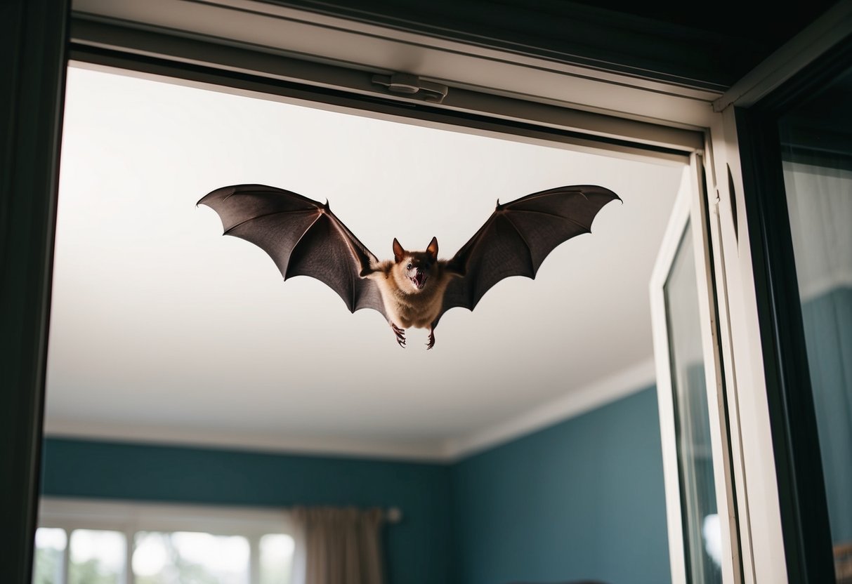 A bat swoops through an open window into a dimly lit living room, circling the ceiling with its wings outstretched