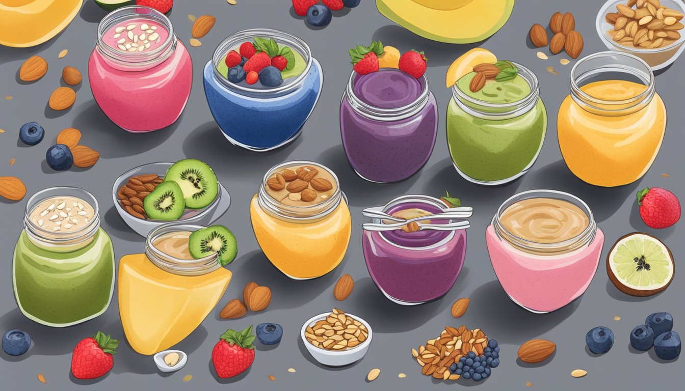 A colorful array of smoothie bowls topped with various fruits, nuts, and seeds, with jars of different nut butters lined up in the background